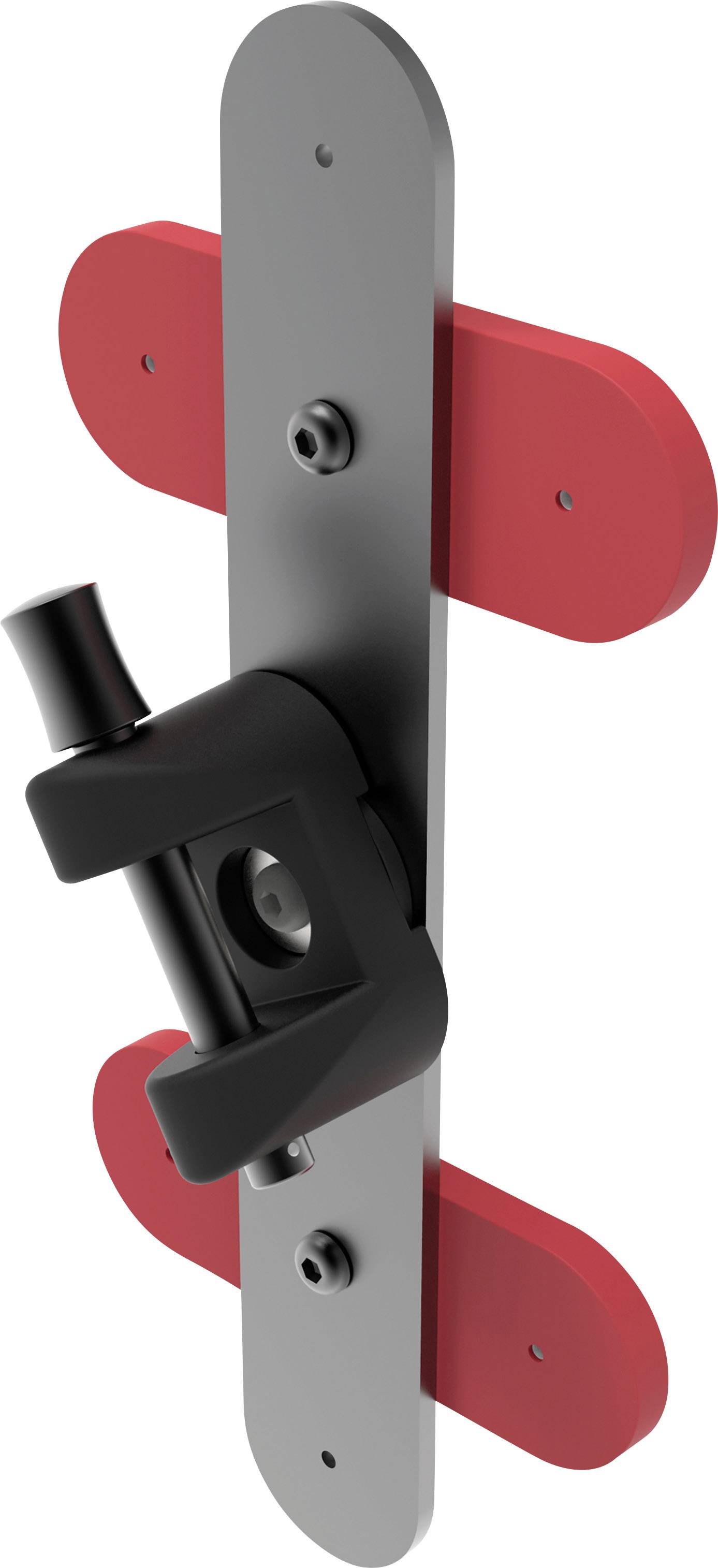 A mechanical door lock with a red, rectangular protective shield and a black rotary lever, mounted on a vertical metal plate.