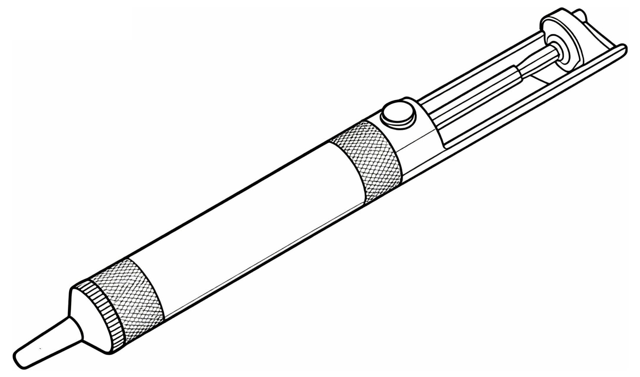 A line drawing of a solder sucker with a plunger and nozzle, used for removing solder from circuit boards during electronic repairs.