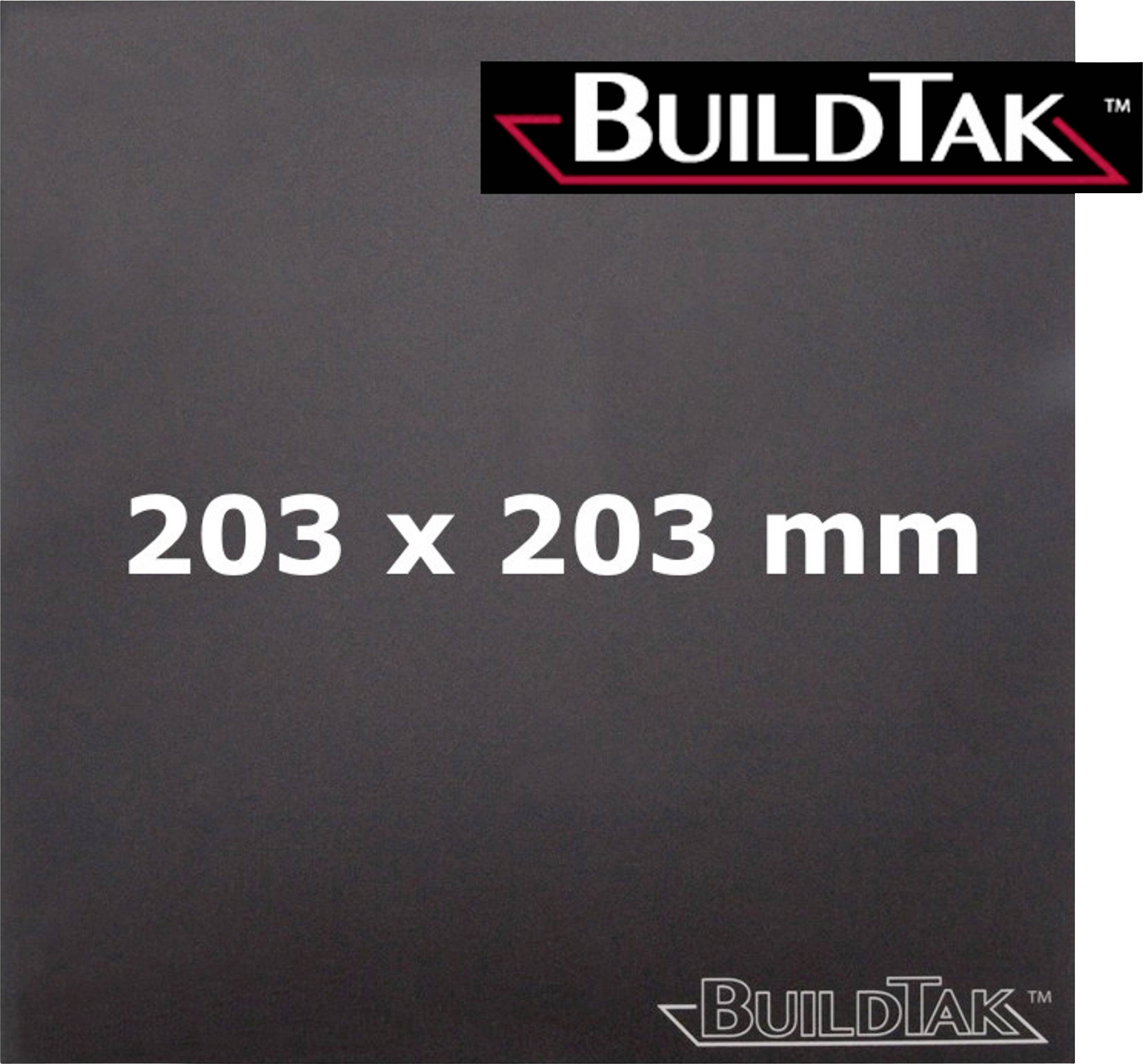 'BuildTak' logo on a black surface with white text '203 x 203 mm'. Product marking for a 3D printer mounting plate.