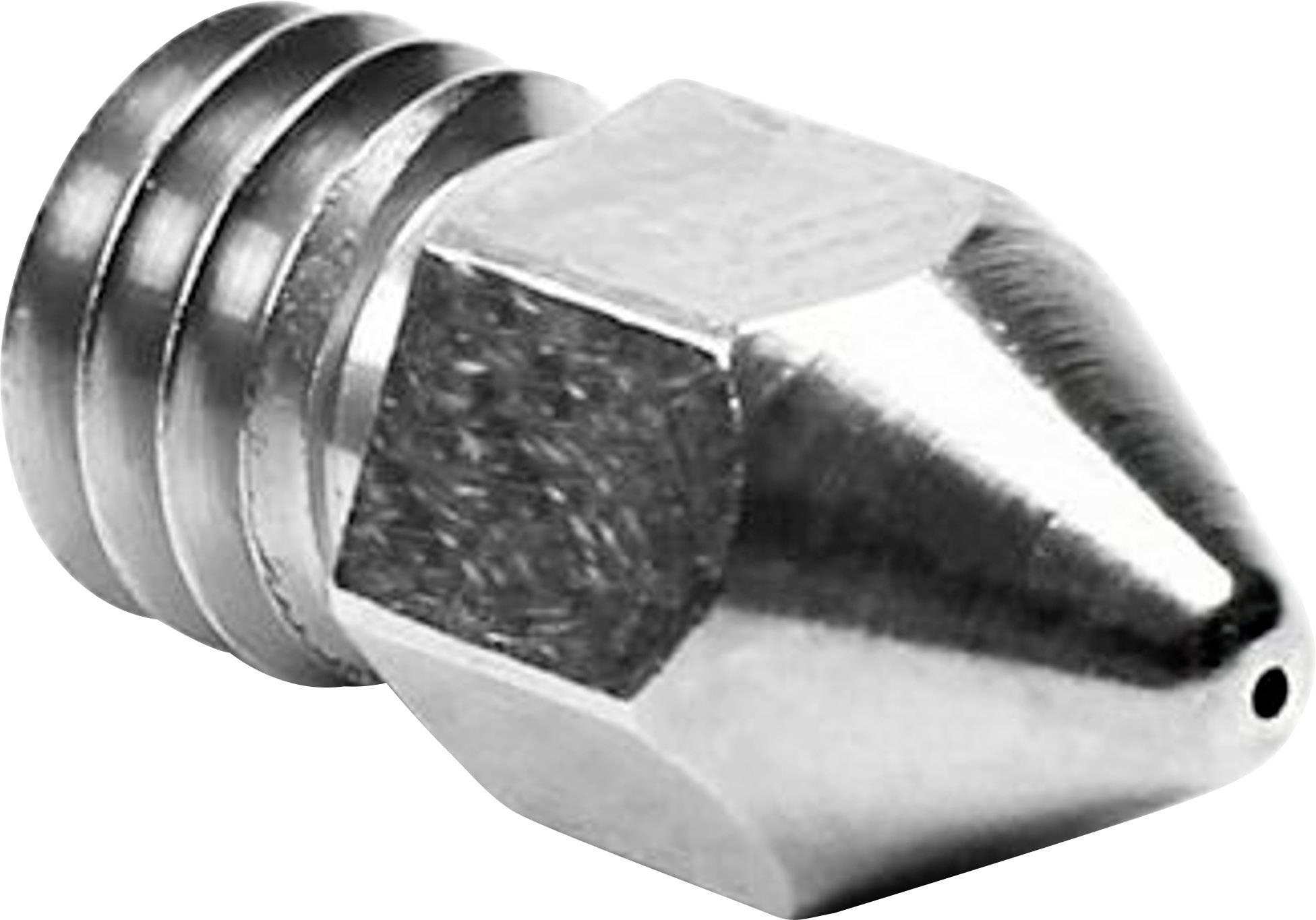 Metallic 3D printer nozzle with a hexagonal base and a round, tapering tip for uniform material distribution.