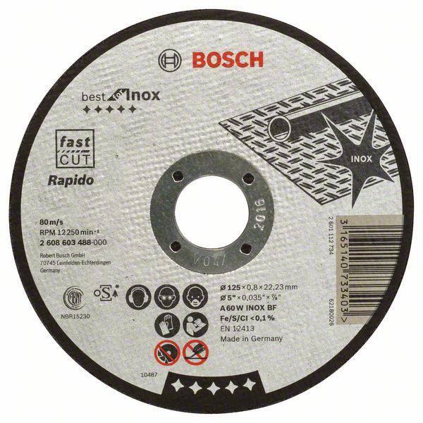 Bosch grinding disc, 'Inox' model, for metalworking. Details: 125x1.0x22.23 mm, maximum speed 80 m/s, 12,250 rpm.