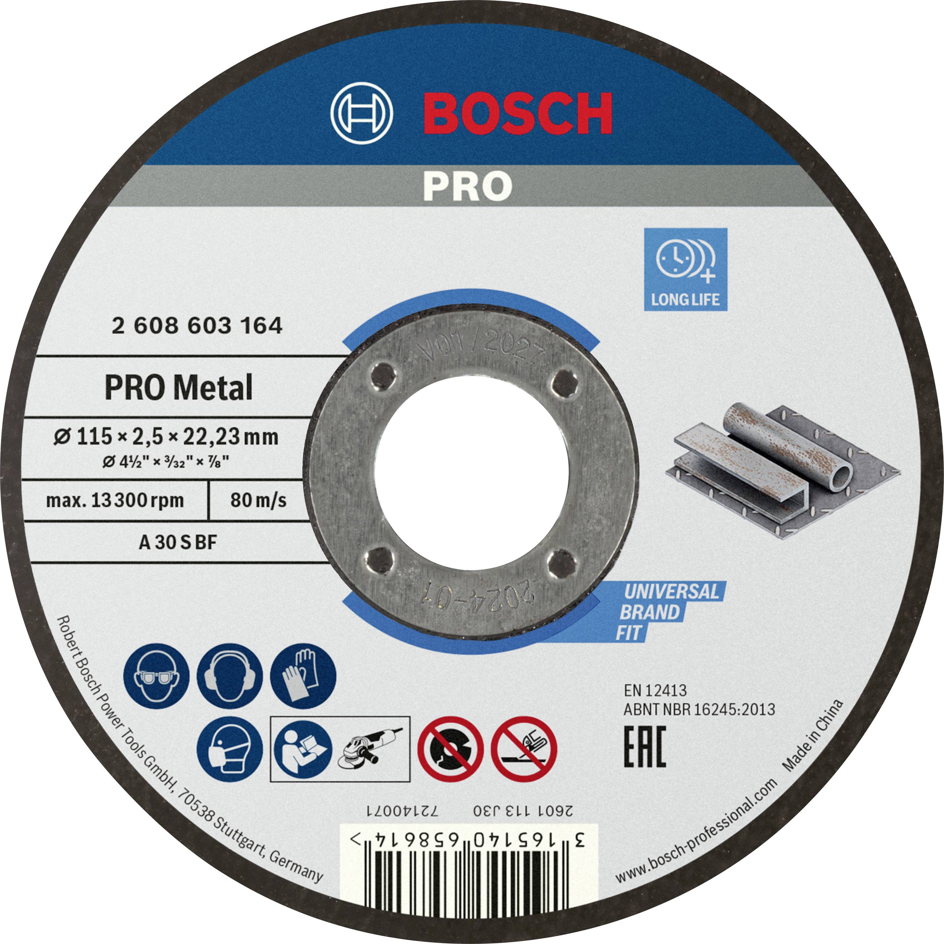Bosch 'Pro Metal' cutting disc for metal, size 115 x 2.5 x 22.23 mm. Symbol for long service life, max. 13,300 rpm.