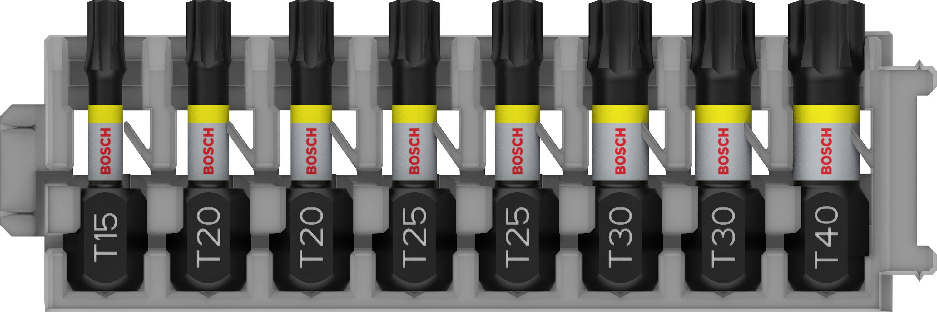 Set of eight Bosch screwdriver bits in a holder with labels ranging from T15 to T40, with some sizes appearing twice.