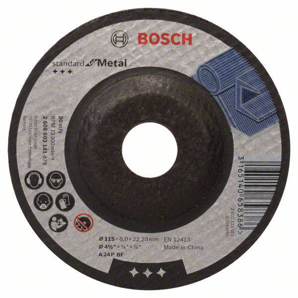 Bosch grinding disc for metal processing, 115 mm diameter, 6 mm thickness, manufactured in China.