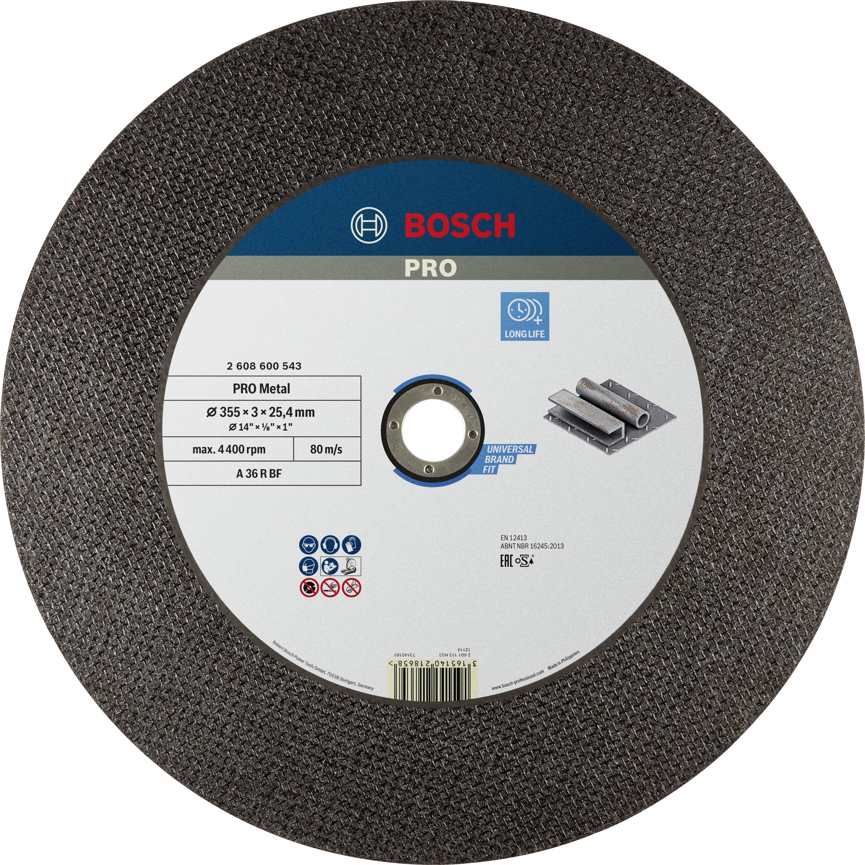 Illustration of a Bosch PRO metal cutting disc, 355 mm diameter with a 25.4 mm bore, for metal cutting applications.