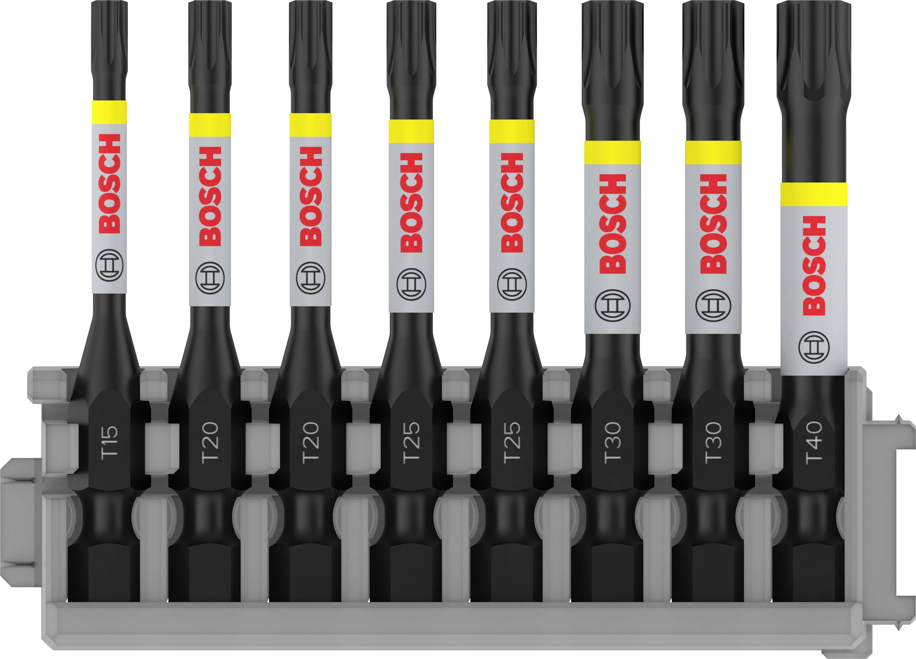 Bosch bit set with seven Torx bits, ranging from T15 to T40, in a holder.