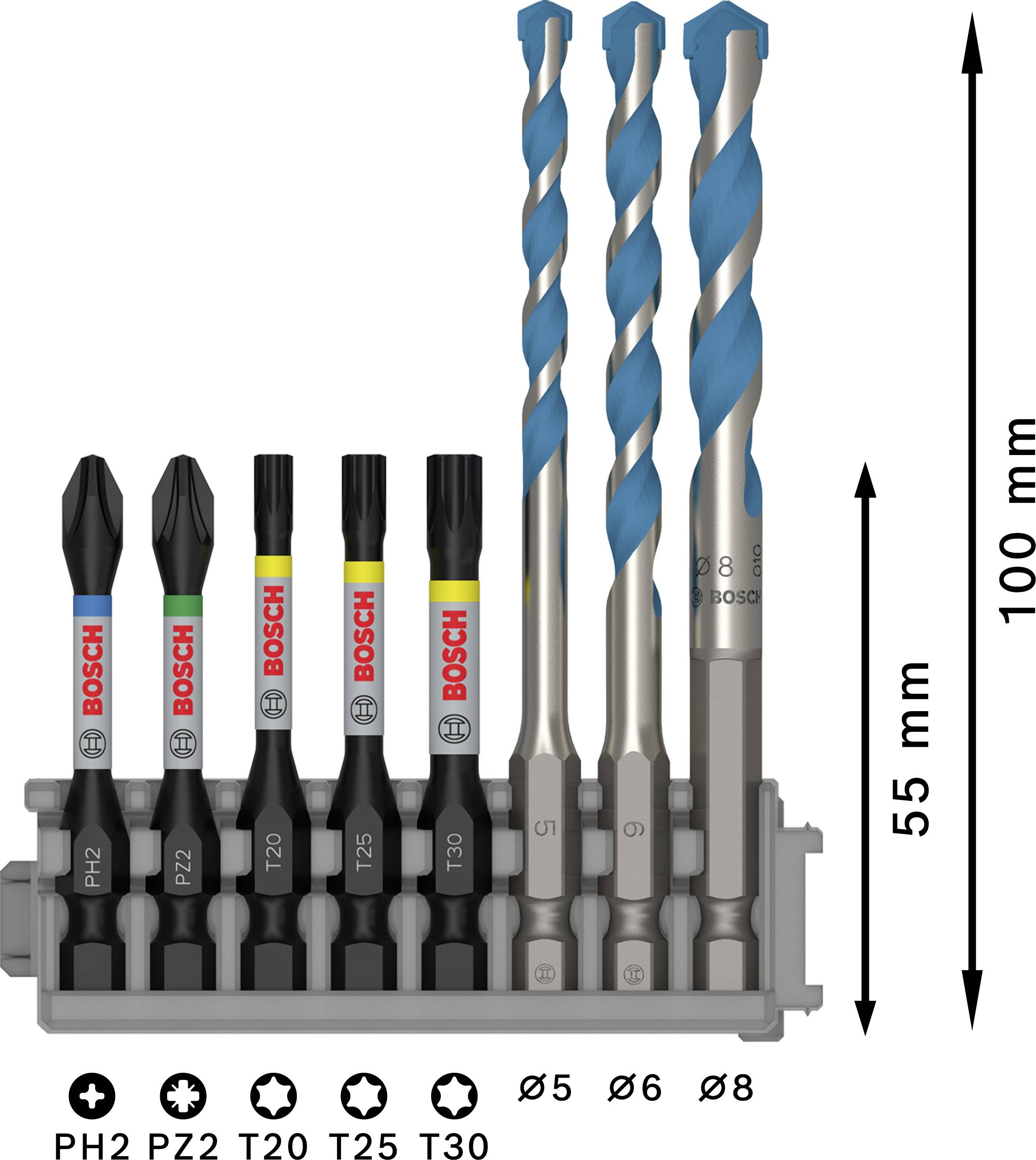 'Bosch Drill and Bit Set': A set with three drill bits (Ø5, Ø6, Ø8 mm) and five bits (PH2, PZ2, T20, T25, T30) in a compact holder.