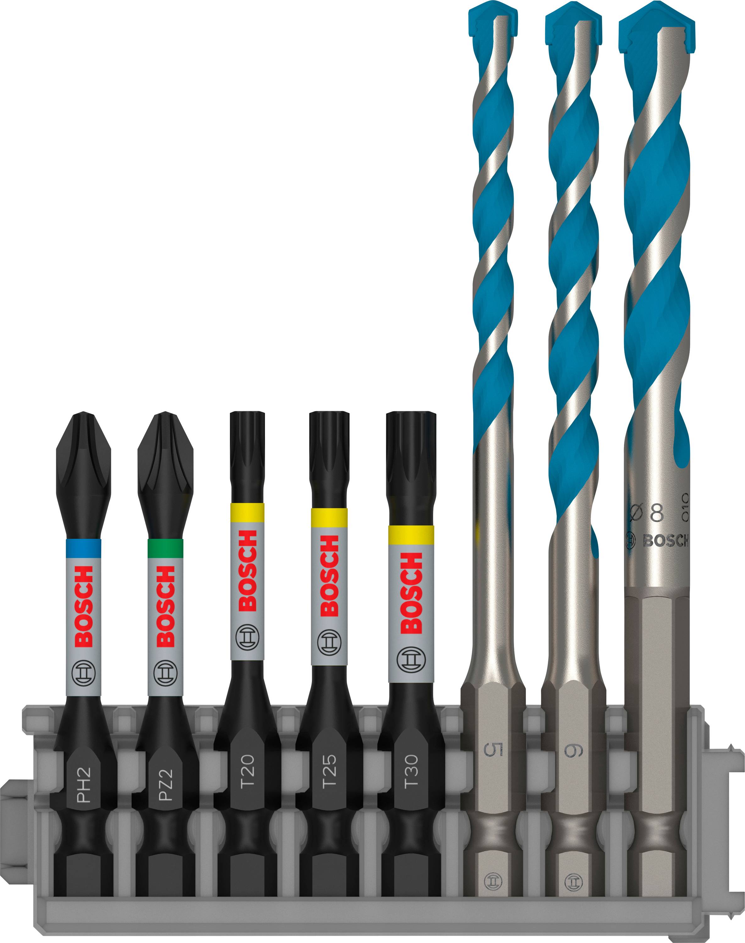 Bosch drill and bit set consisting of nine pieces, comprising four screwdriver bits and five spiral drills in a grey holder.
