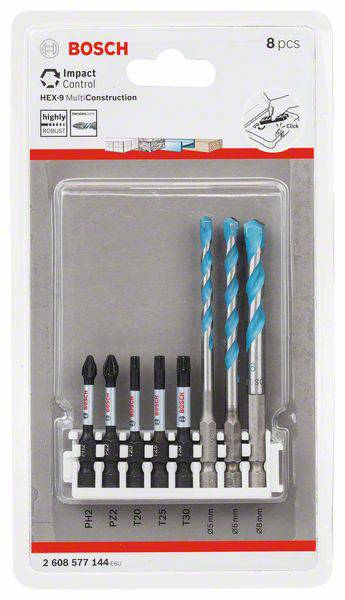 Bosch drill and bit set packaging, 8-piece, with blue drills and black bits. Suitable for multi-construction.