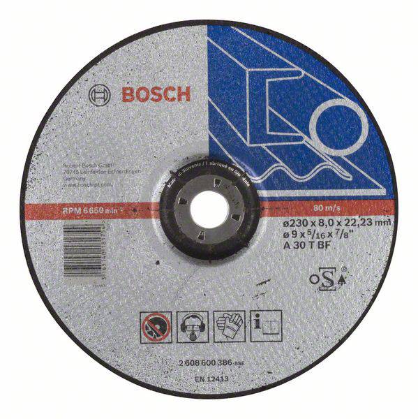 Bosch Grinding Disc, 230 mm Diameter, for Metal Processing. Speed: 80 m/s. Text: 'Bosch' and technical specifications.