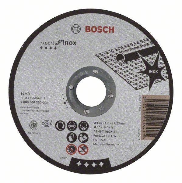 A Bosch sanding sheet, suitable for stainless steel. Contains warning symbols and technical specifications such as revolutions per minute and dimensions.