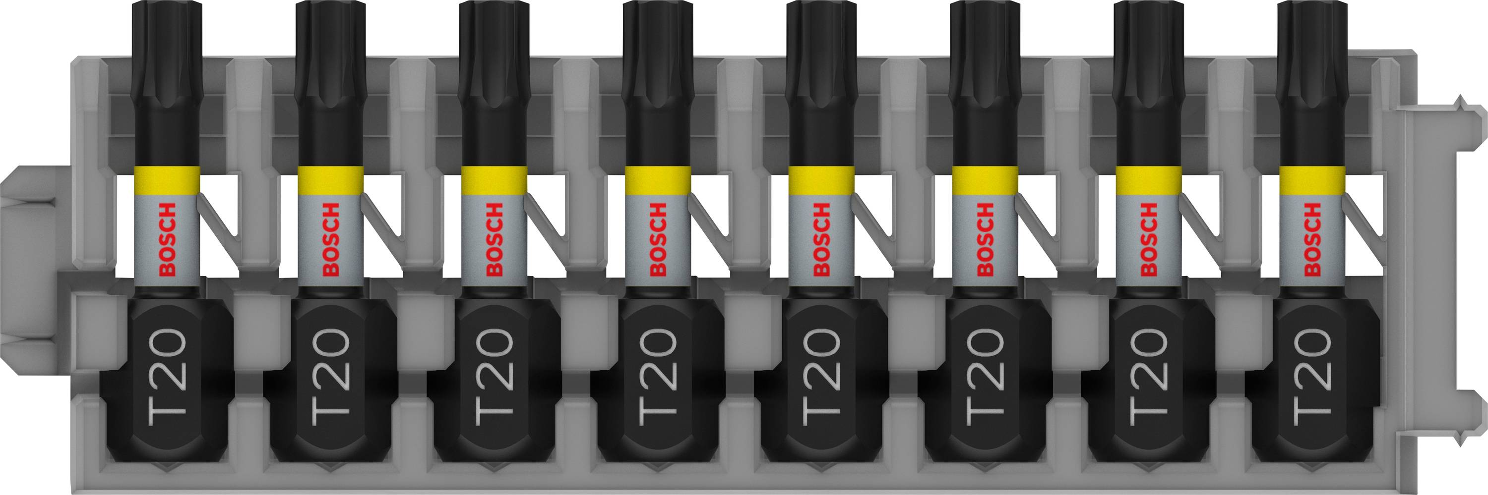 Drill bit set in a storage tray with eight T20 drill bits, all evenly arranged.