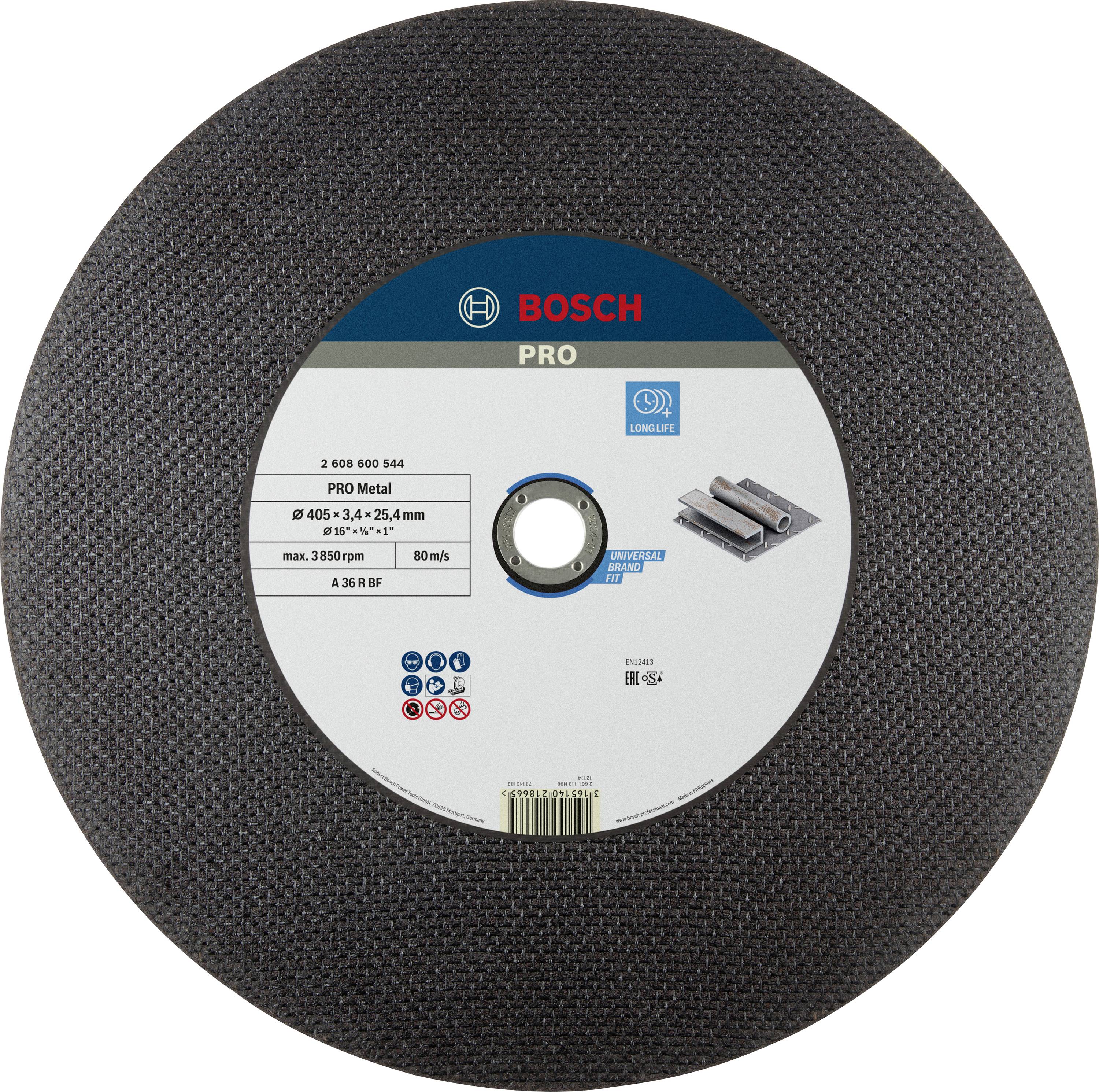 Circular saw blade with 'Bosch PRO' inscription. Suitable for metal, diameter 350 mm, max. 3800 rpm. Contains safety symbols.