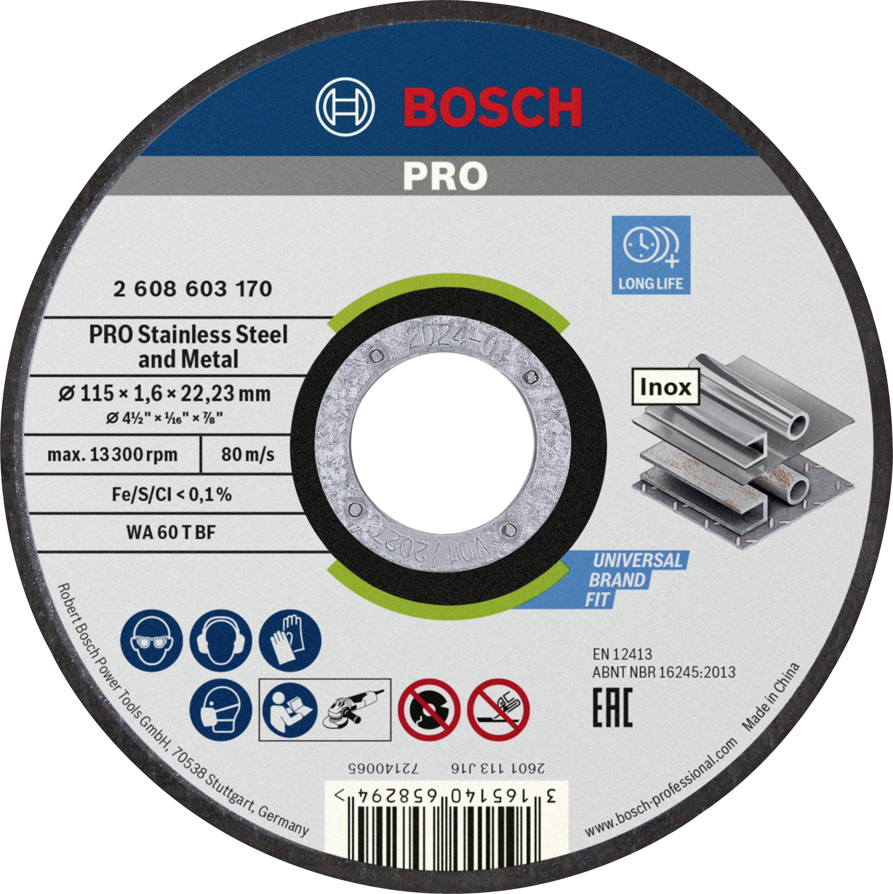 'Bosch PRO' Angle Grinder Cutting Disc, for Stainless Steel and Metal, Diameter 115 mm, Maximum 13,300 RPM, Type: WA 60 TBF.
