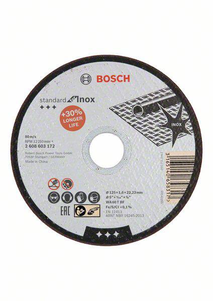 'BOSCH' Metal Cutting Disc, Model Number 2 608 603 172, 80 m/s, 30% longer lifespan, suitable for stainless steel, Manufactured in China.