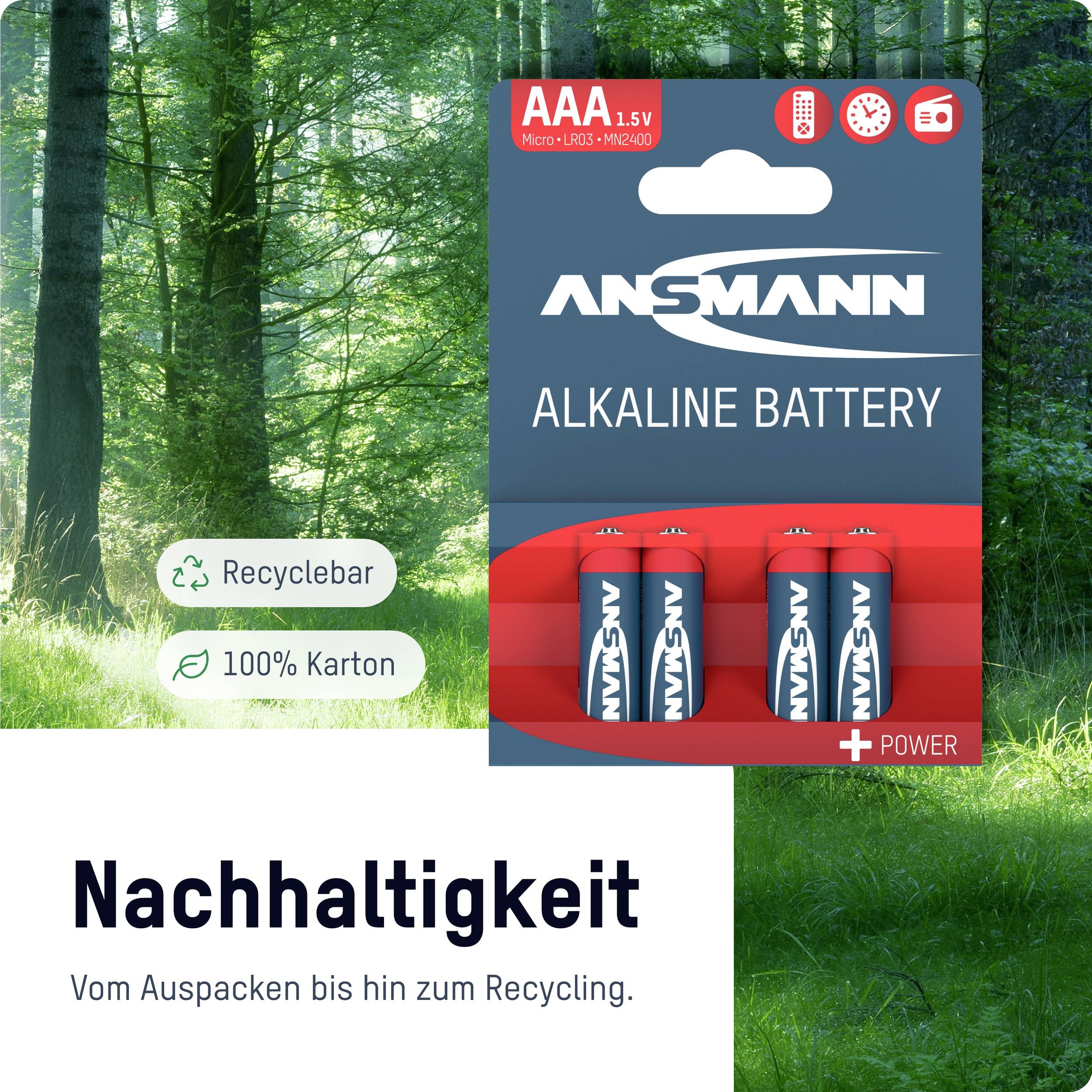 'The image shows a pack of Ansmann AAA alkaline batteries, alongside symbols with text: 'Recyclable, Reusable' against a green forest background.'