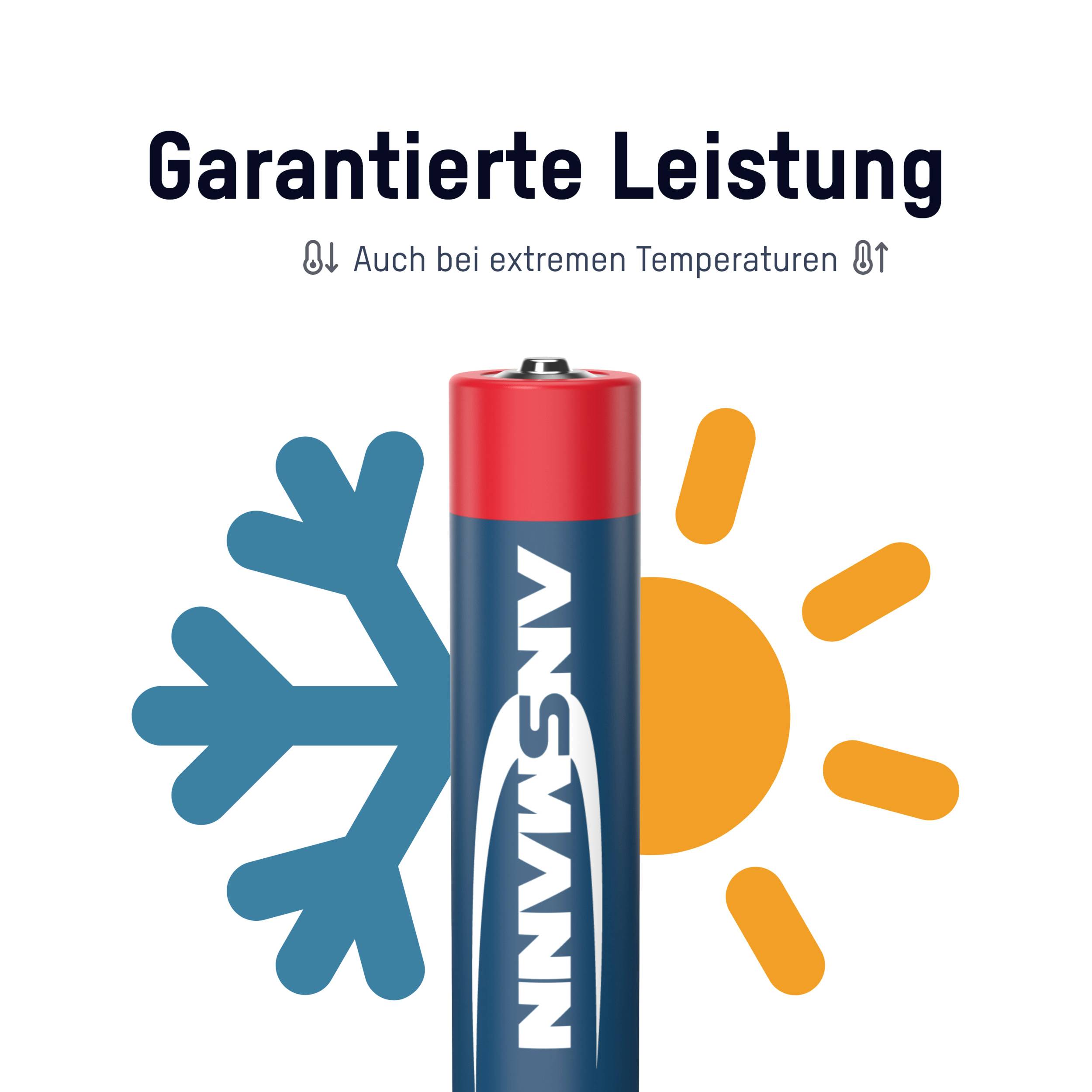 Eine Batterie mit der Aufschrift 'ANSWANN', umgeben von einem Schneeflocken- und Sonnen-Symbol. Text: 'Garantierte Leistung auch bei extremen Temperaturen'.