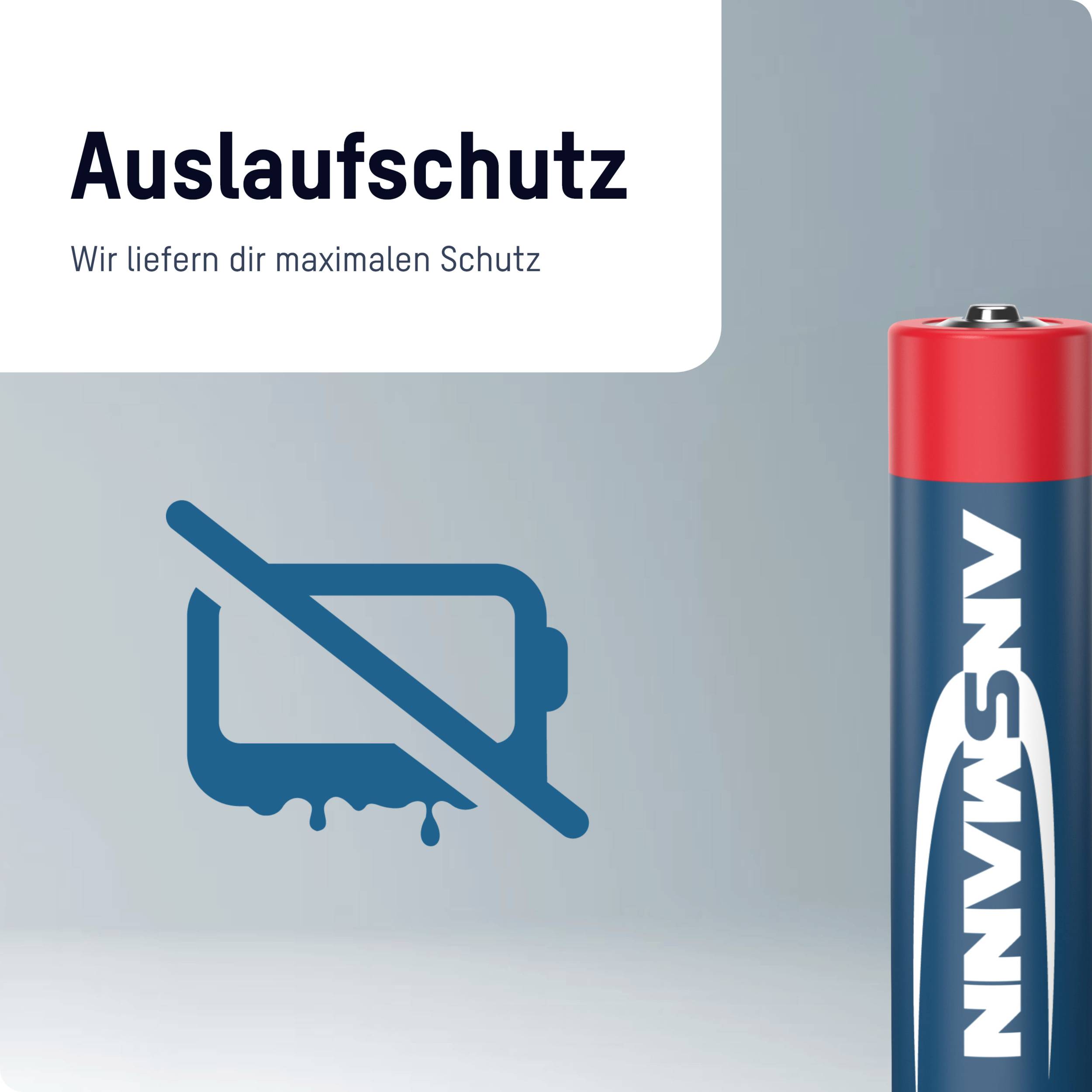 'Ansmann' battery with an icon and text 'Leak Protection: We provide you with maximum protection'. Emphasis on the battery's reliability.