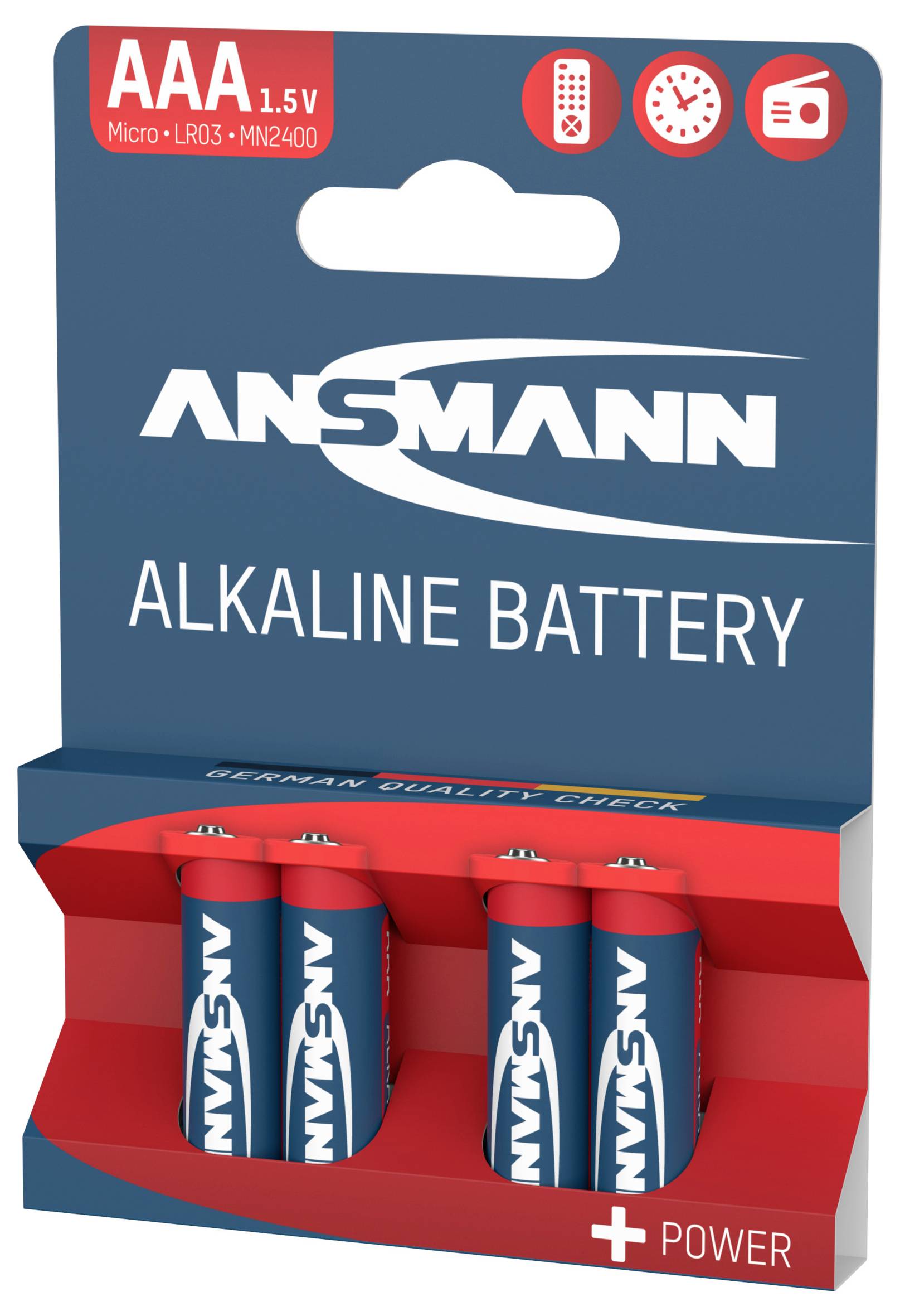 Packaging containing four AAA alkaline batteries by Ansmann, labelled with 'German Quality Check', suitable for watches, torches and remote controls.