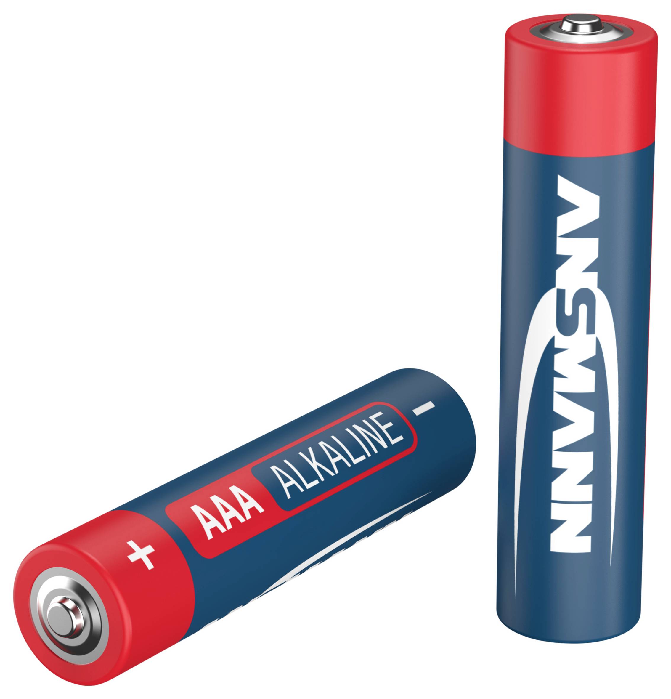 Two AAA alkaline batteries, one lying down and one standing upright, with red positive and negative terminals, blue labelling 'ANSIMAN'.
