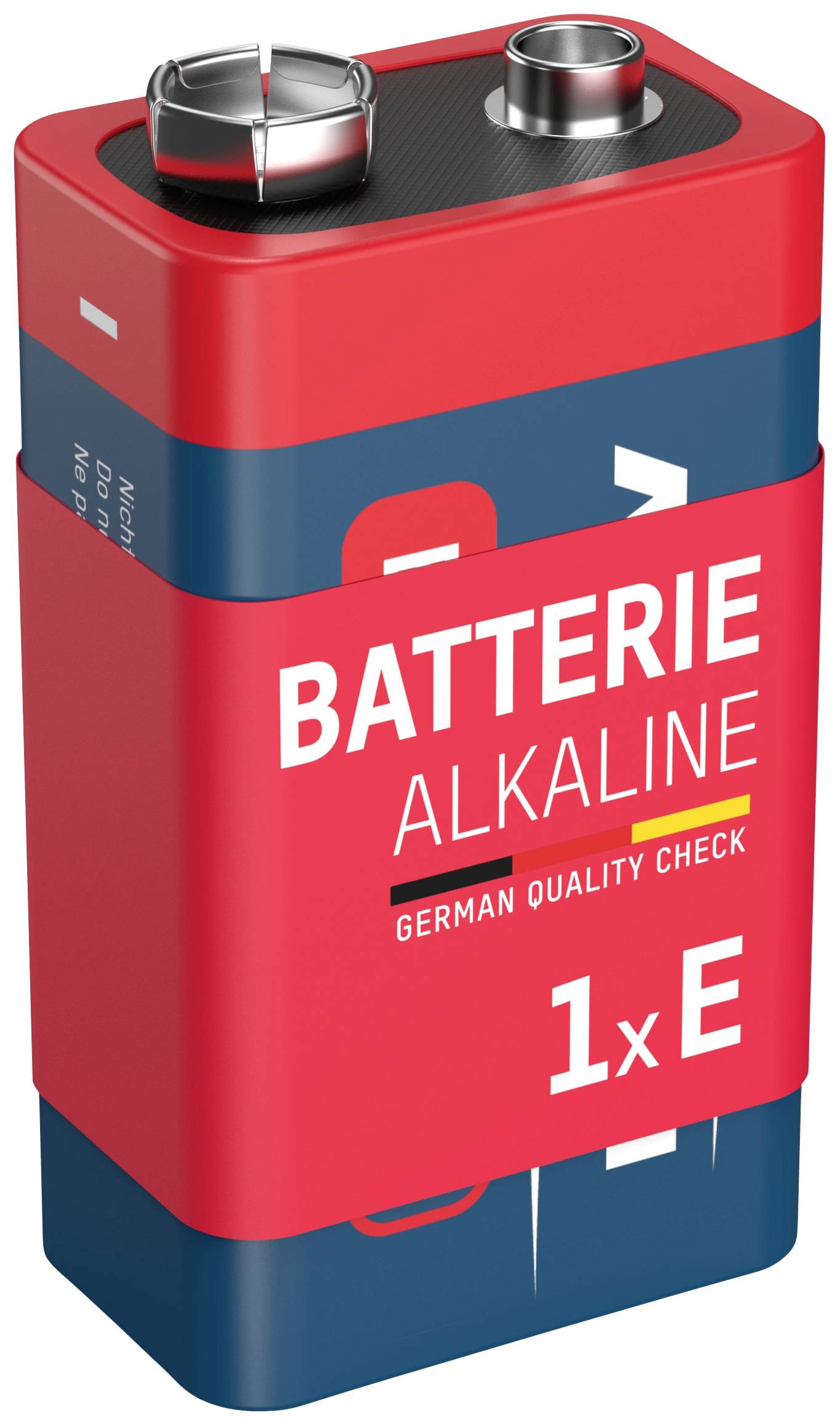 Red and blue alkaline battery with inscription 'Alkaline Battery, German Quality Check, 1xE'.