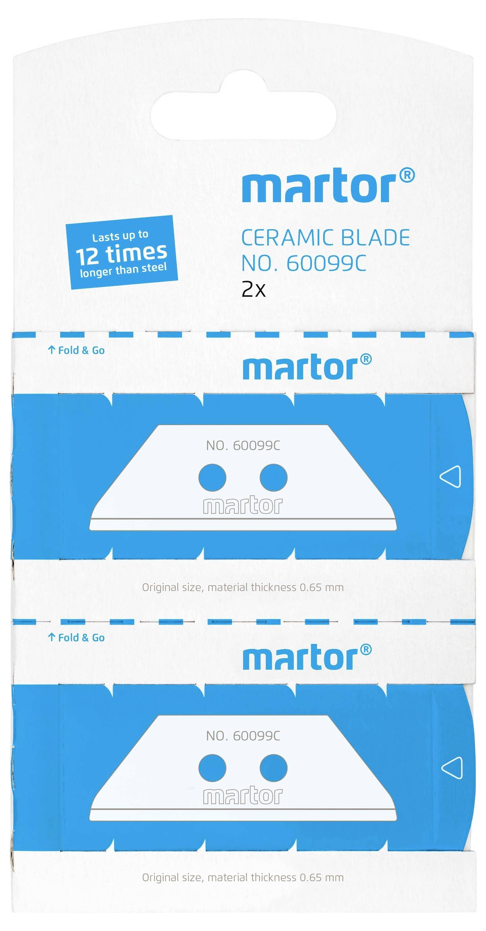 Packaging containing two blue ceramic blades by 'martor', model number 60099C, with the indication 'lasts up to 12 times longer than steel'.