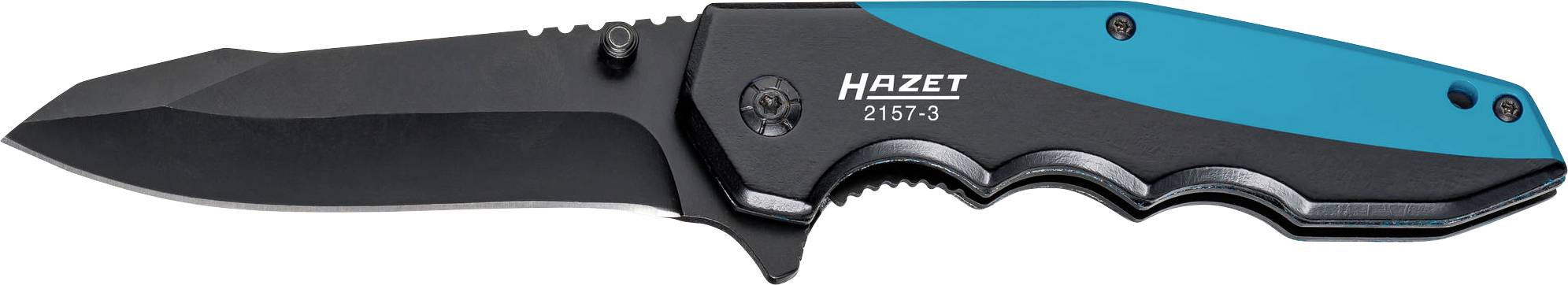 A black folding knife with a blue handle and the brand name 'Hazet'.