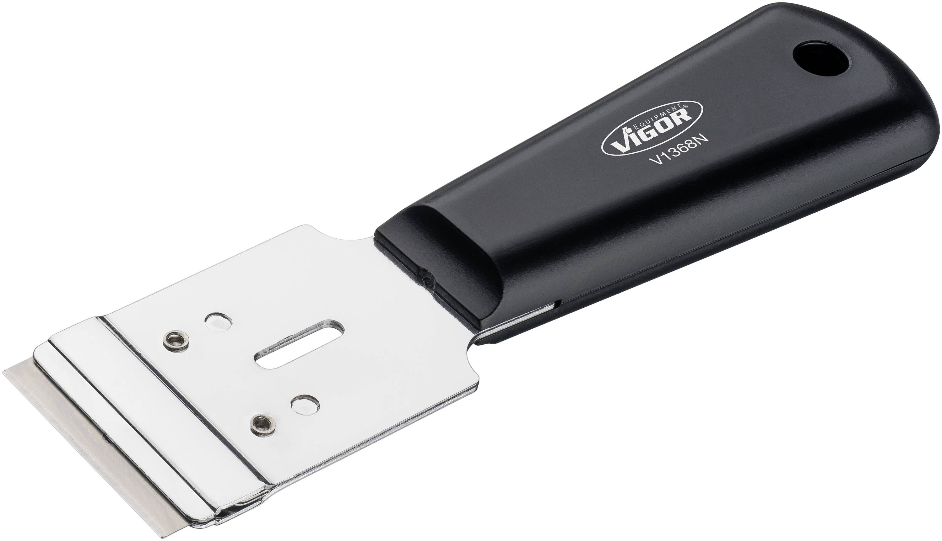 A glass scraper with a black handle and silver blade, suitable for removing stickers or residues from glass surfaces.