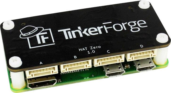 Small electronic module with label 'TinkerForge HAT Zero 1.0', four connection ports at the front.