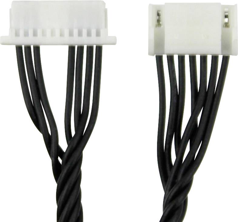 Two white plugs with multiple black cables shown side by side. On the left: a wider plug, on the right: a narrower plug.
