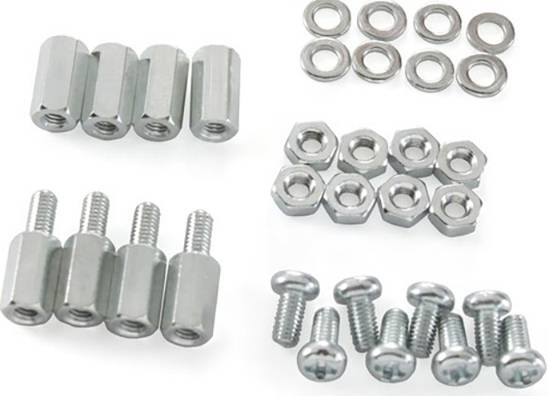 An arrangement of various metallic fastening elements, including screws, nuts, washers, and spacers.