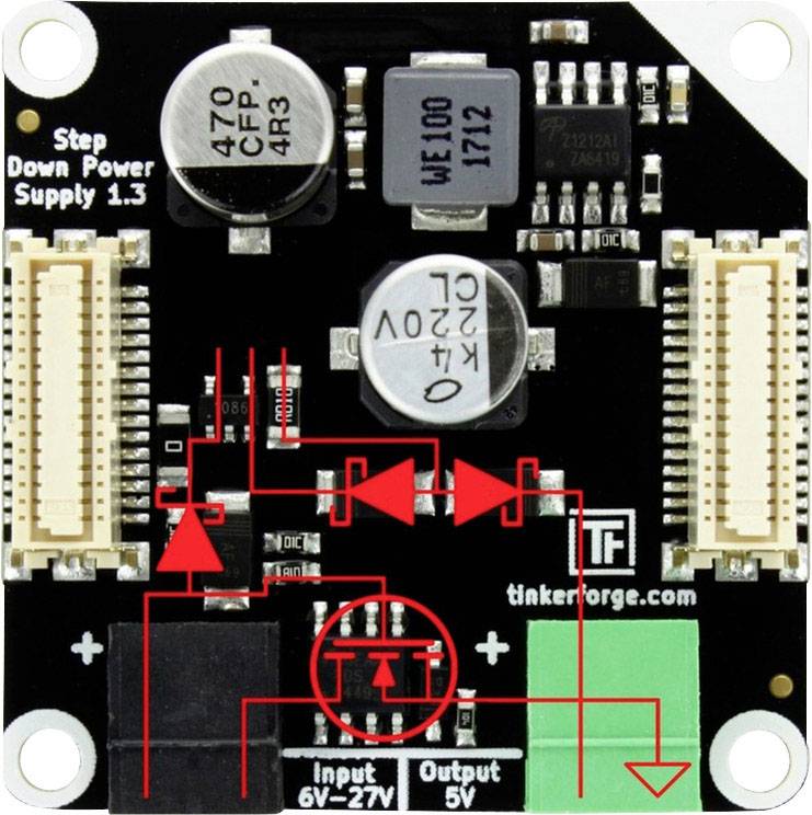 Electronic circuit board of a step-down power supply module with labels and circuit elements highlighted in red.