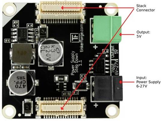 Power Supply Step Down Circuit with Input Terminal (6-27V) and Output (5V). Two Stacking Terminals on Top.