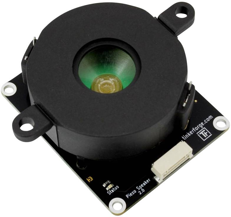A round, black piezo speaker with a connection plate, printed with 'Piezo Speaker 2.0', manufacturer's name on the side.
