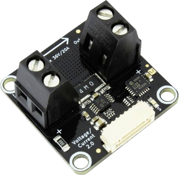 Current and Voltage Sensor Module with cable connections, black printed circuit board. Measures current up to 20A and voltage up to 36V.