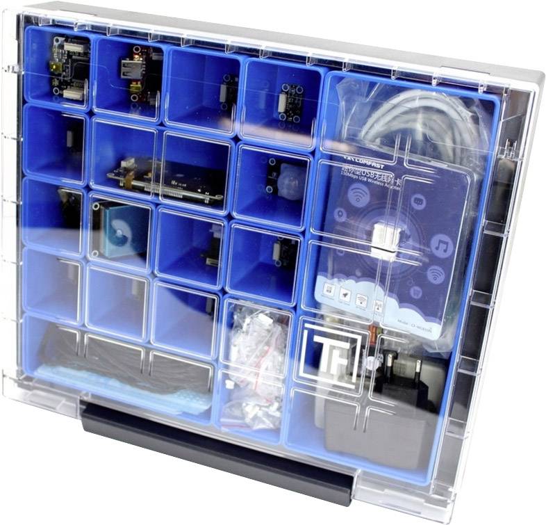 Blue toolbox with multiple compartments containing various electronic components, cables, and modules.