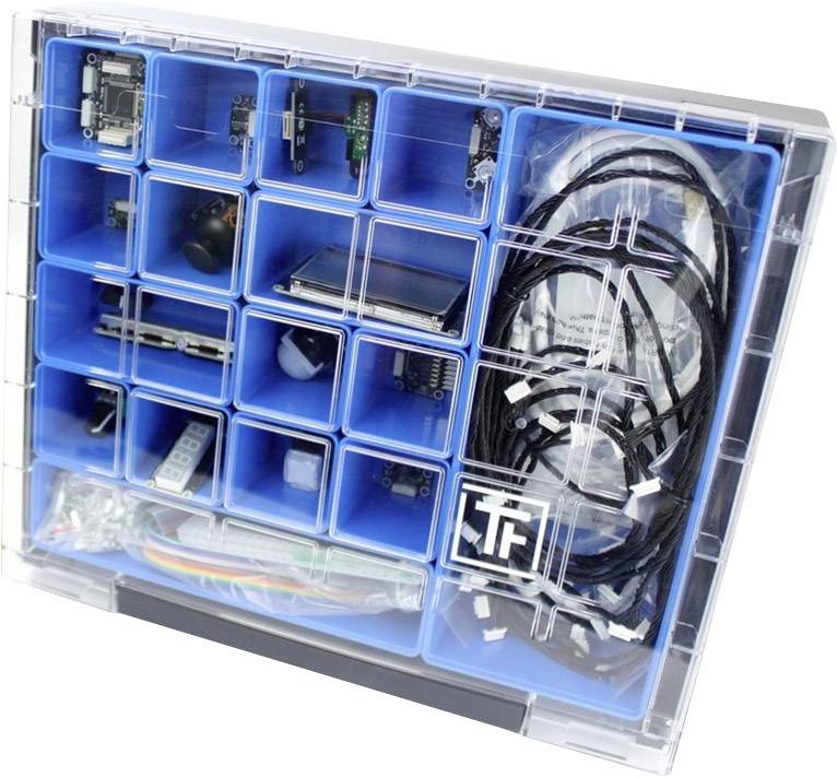 A transparent plastic container with various electronic components and cables, organised in blue compartments.