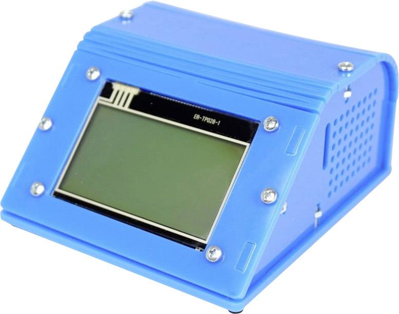 A blue electronic device with a large display on the front, surrounded by screws at the corners.
