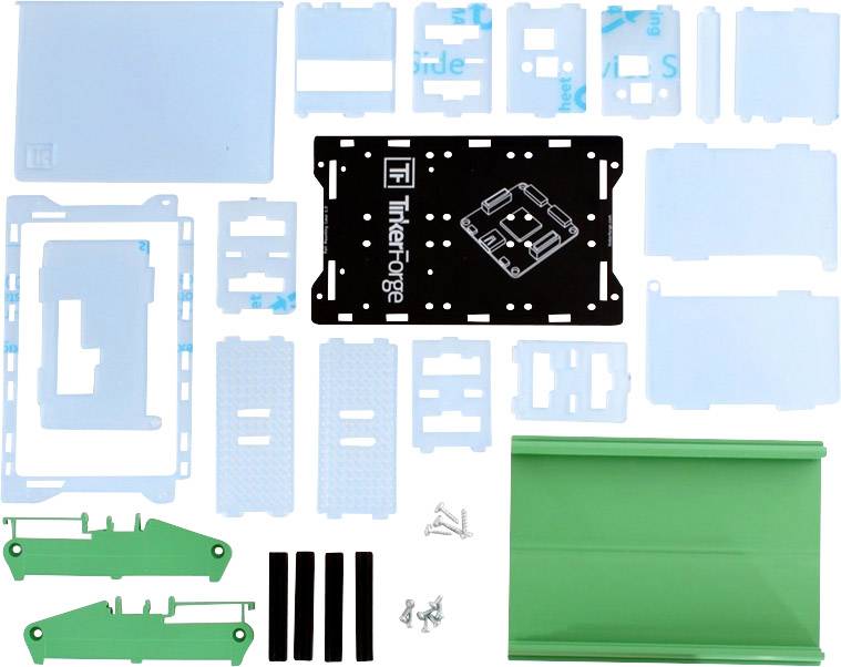 Kit consisting of various acrylic parts, screws, and a green plastic cover, which together form a structure.