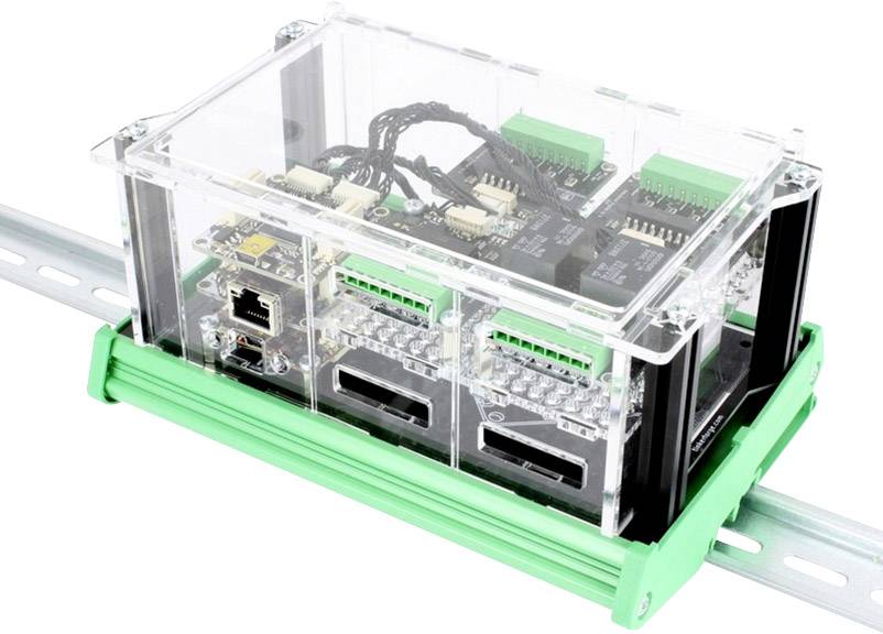 A transparent electronics enclosure with multiple green connectors, mounted on a green DIN rail.