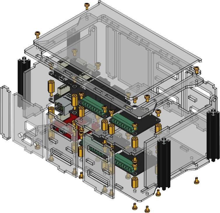 Exploded diagram of an electronic enclosure with components, screws, and circuit boards. Illustrates the assembly sequence of the components.