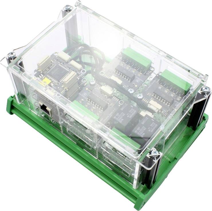 A transparent casing reveals electronic circuit boards with green connectors. It is used for control and signal processing.
