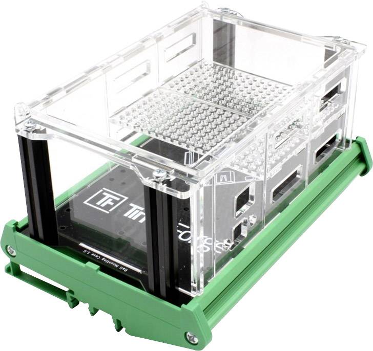 A transparent Perspex box with a green base containing electronic components.Note: In British English, 