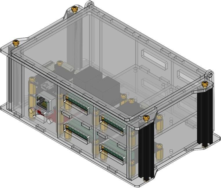 Electronic enclosure, showing modular slots and connections. Transparent view to reveal internal components.