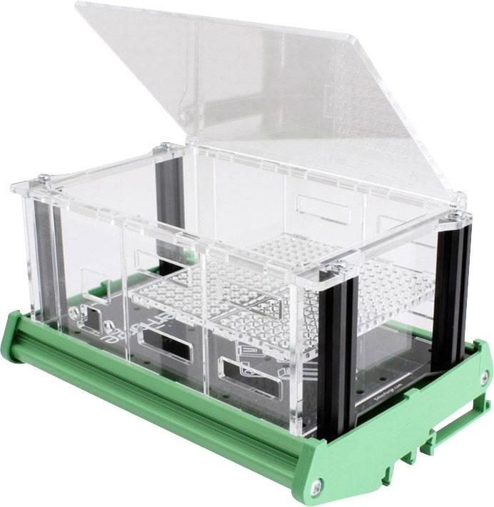 Transparent plastic box with a hinged lid, black frame and green base, suitable for storage or display.