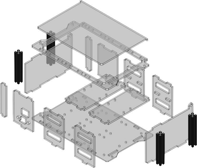 Exploded diagram of a computer case, showing individual transparent components that need to be assembled, with visible mounting points.