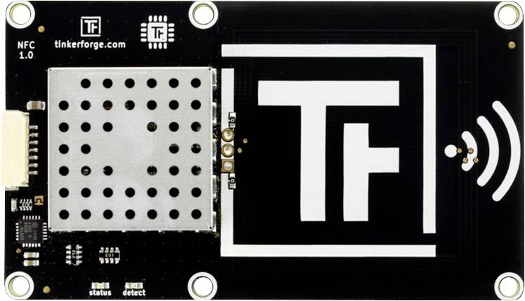 A NFC 1.0 circuit board from Tinkerforge with a large 'TF' logo on the right and a metal mesh on the left.
