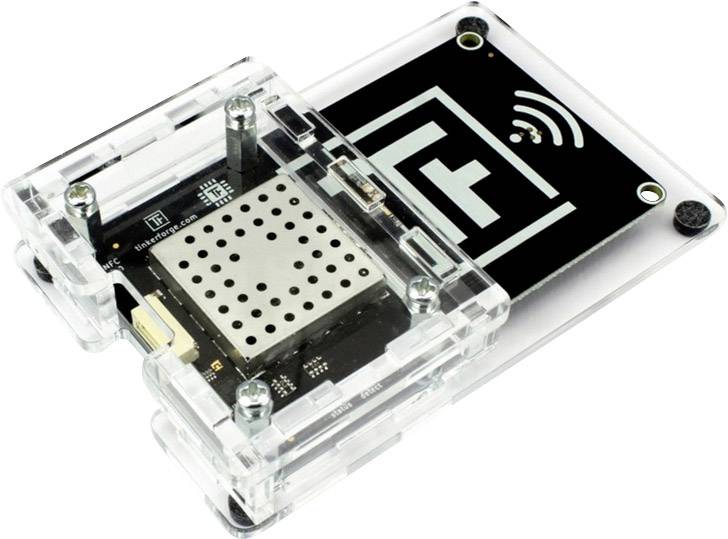 A transparent casing with an electronic component showing the Wi-Fi symbol and a 