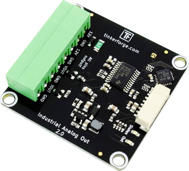 Circuit board with green connector strip and electronic components, labelled as 'Industrial Analog Out 2.0', brand name 'Tinkerforge'.