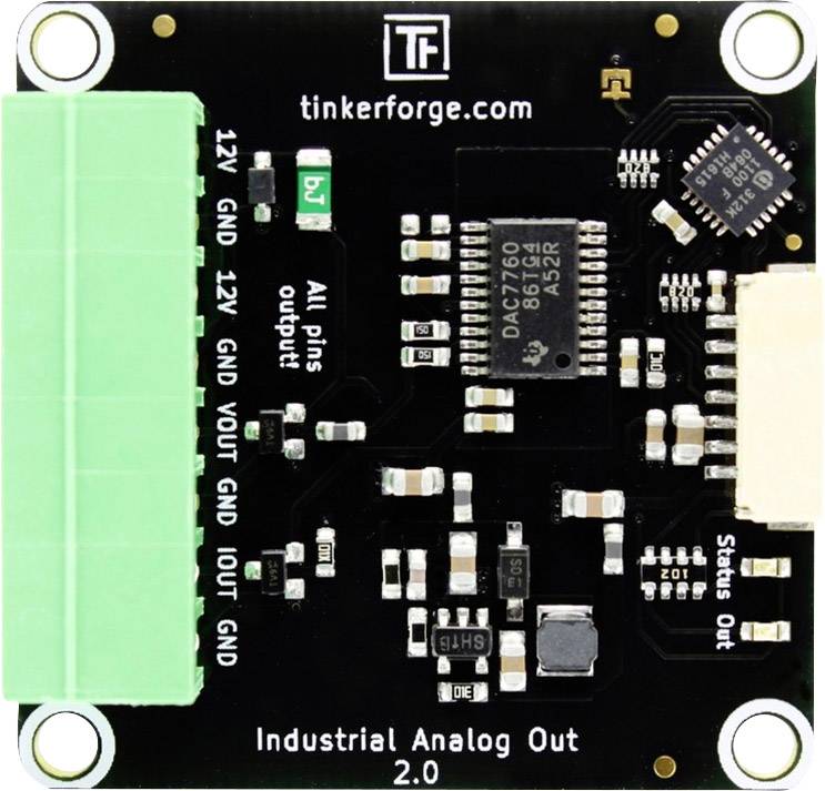 Electronic module 'Industrial Analog Out 2.0' with green connectors and multiple circuit components on a black circuit board.